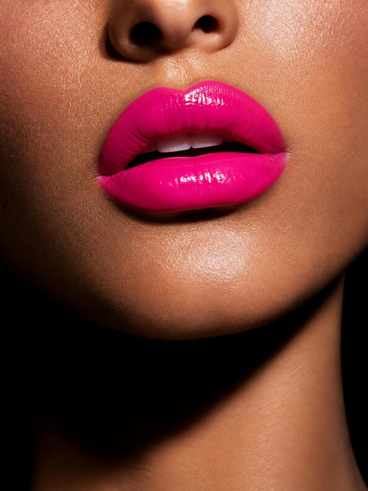 Bold hot pink lips — the Society signature